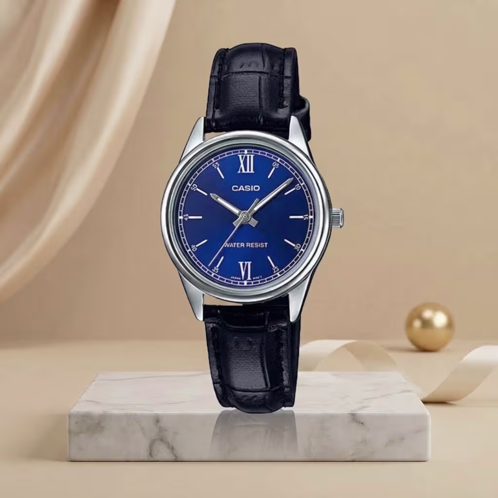 Casio LTP-V005L-2B ladies watch with blue dial, silver case and black leather strap