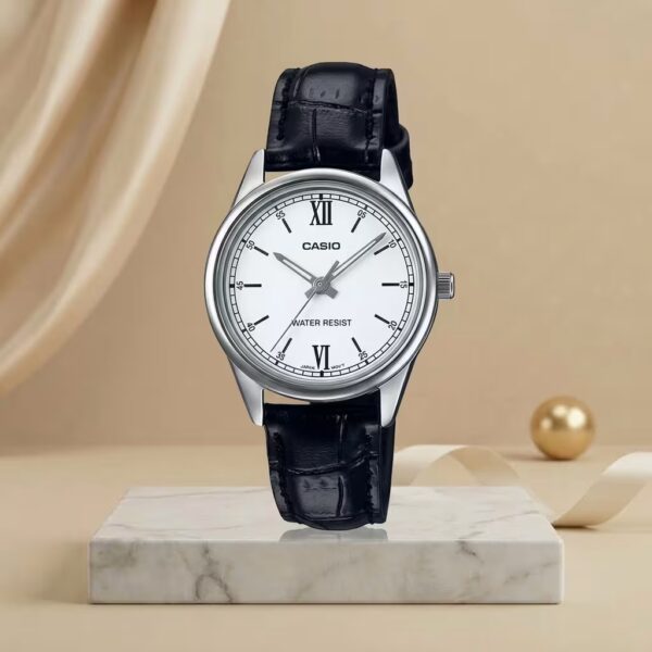 Casio LTP-V005L-7B2 ladies white Roman numeral dial watch with silver case and black leather strap