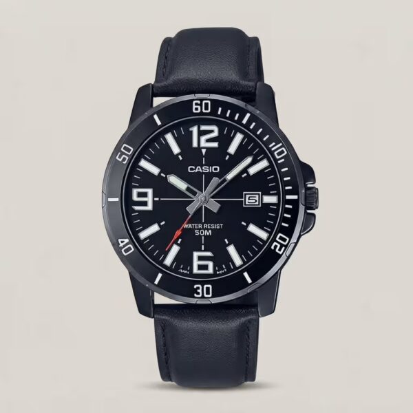 Casio men's black dial watch with black leather strap, black bezel, date display and 50M water resistance
