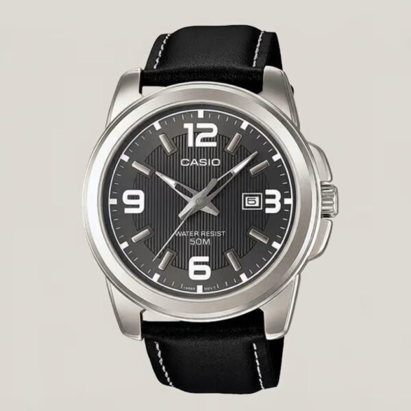 Casio men's black textured dial watch with silver-tone case, black leather strap, date display and 50M water resistance
