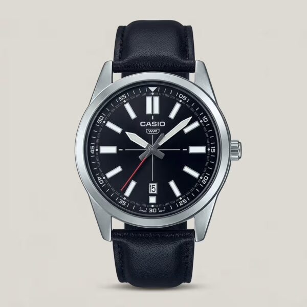 Casio men's black dial watch with silver-tone case, black leather strap and date display