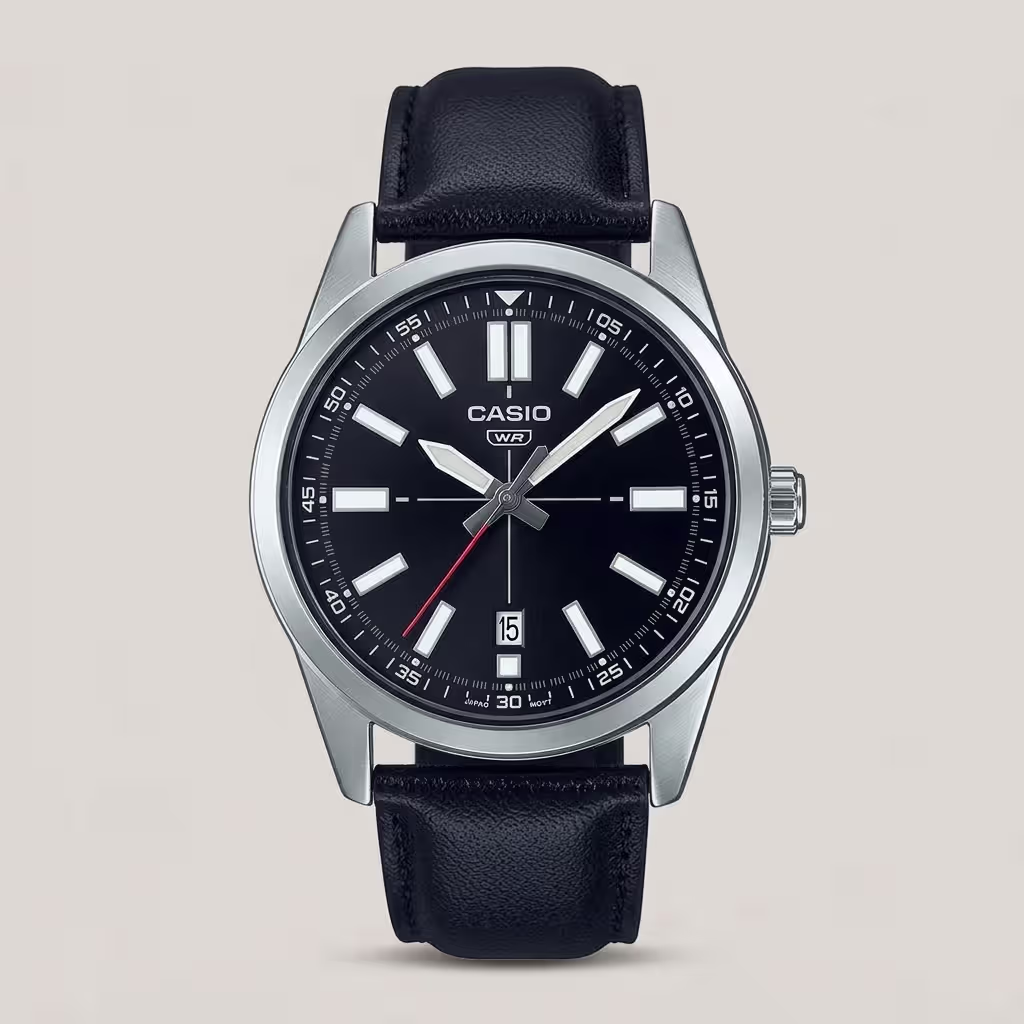 Casio men's black dial watch with silver-tone case, black leather strap and date display