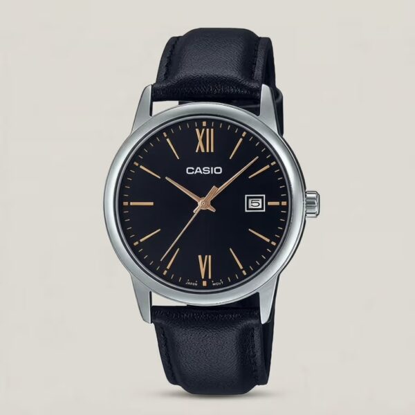 Casio men's black dial watch with black leather strap, silver-tone case, gold-tone hands and markers, and date display