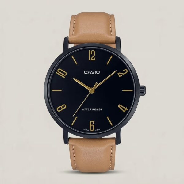 Casio men's black dial watch with tan leather strap, black case, and gold-tone hands and hour markers