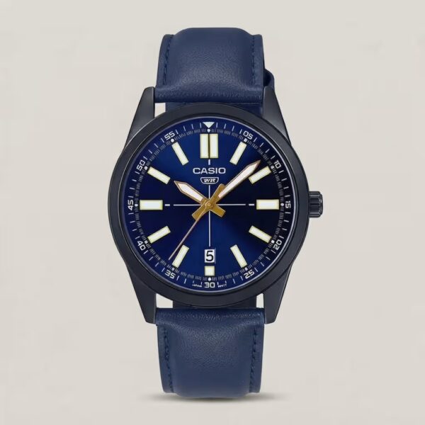 Casio men's blue dial watch with black case, blue leather strap, gold-tone hands and date display