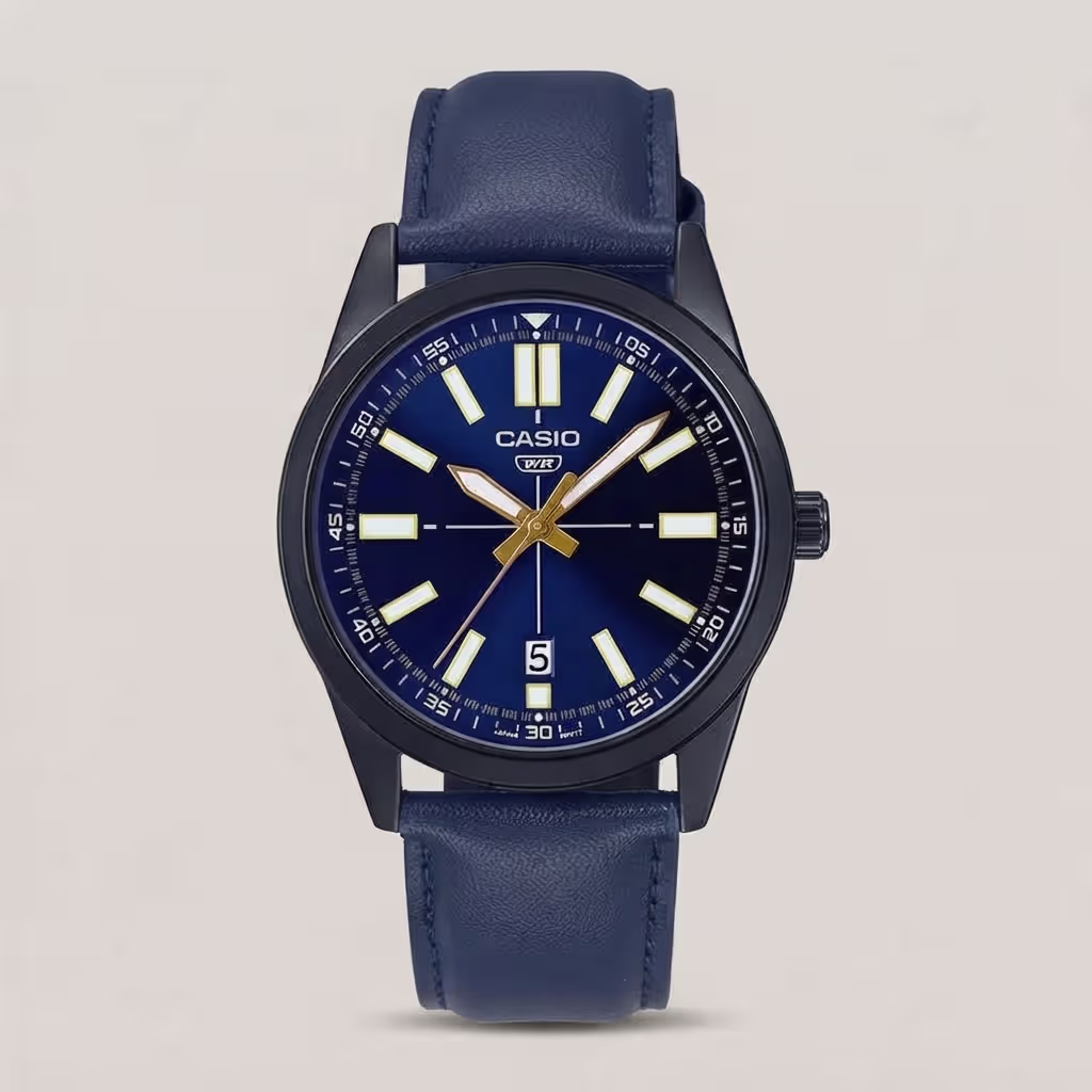 Casio men's blue dial watch with black case, blue leather strap, gold-tone hands and date display