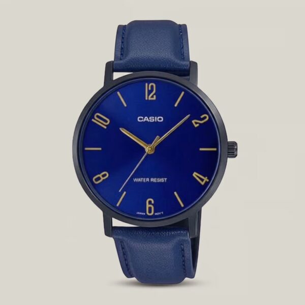Casio men's blue dial watch with blue leather strap, black case and gold-tone hands and hour markers