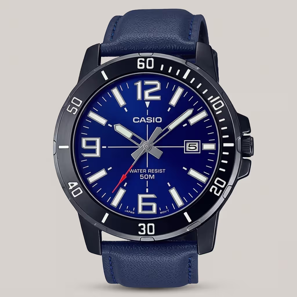 Casio men's blue dial watch with blue leather strap, black bezel and date display