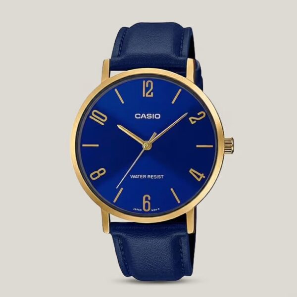 Casio men's blue dial watch with gold-tone case, blue leather strap and gold-tone hands and hour markers