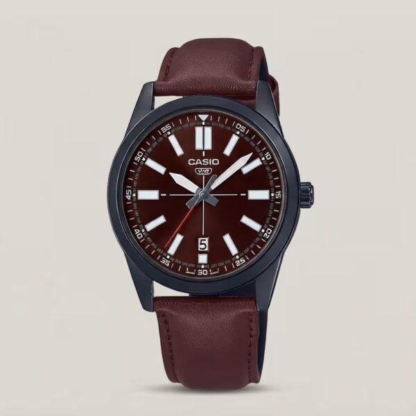 Casio men's brown dial watch with brown leather strap, black case, silver-tone hour markers and date display