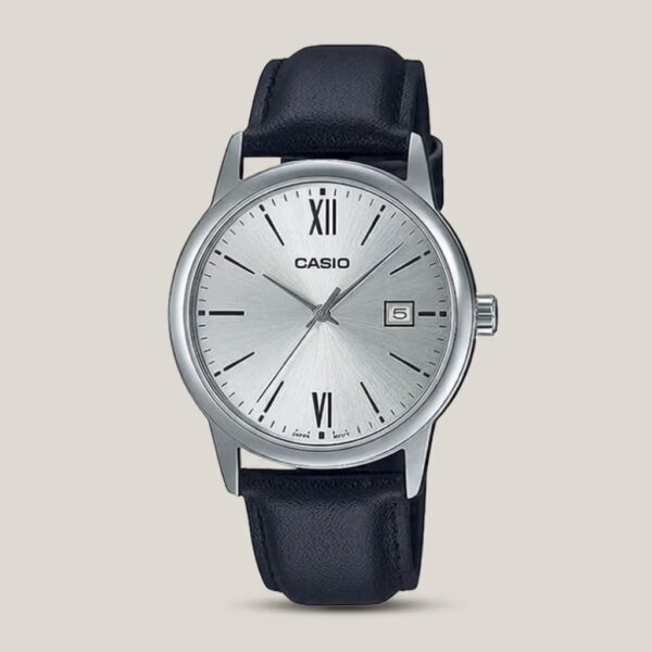 Casio men's silver sunray dial watch with black leather strap, silver-tone case and date display
