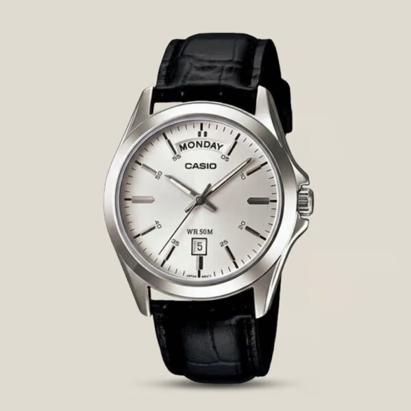Casio men's silver dial watch with black leather strap, day-date display and 50M water resistance