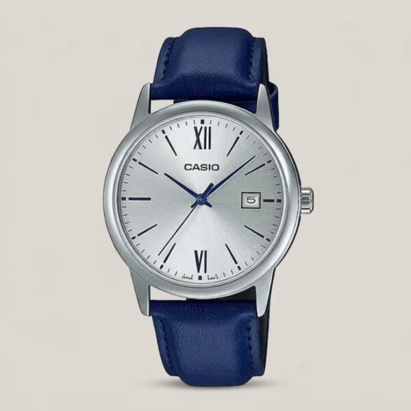 Casio men's silver dial watch with blue leather strap, blue hands and markers, and date display