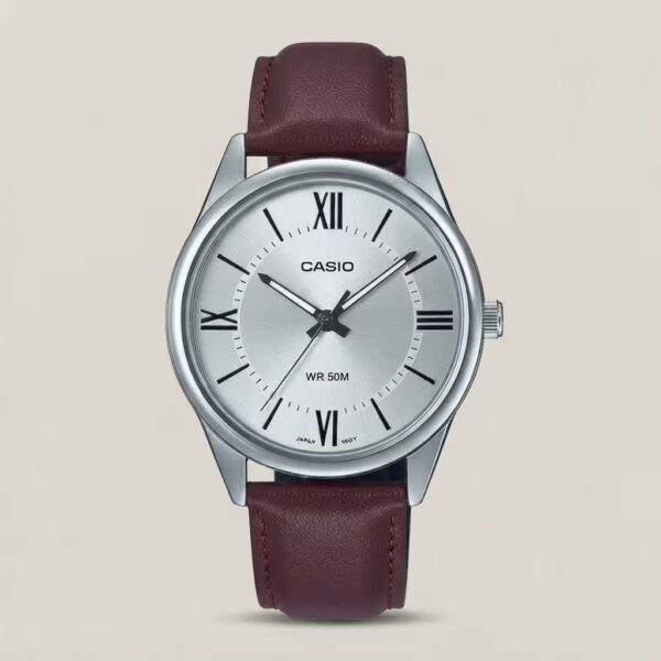 Casio men's silver dial watch with brown leather strap, Roman numeral markers and 50M water resistance