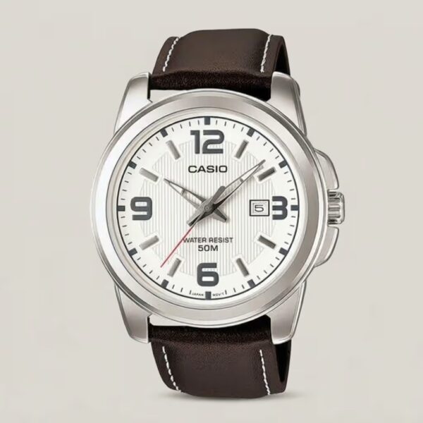 Casio men's white dial watch with brown leather strap, silver-tone case, date display and 50M water resistance