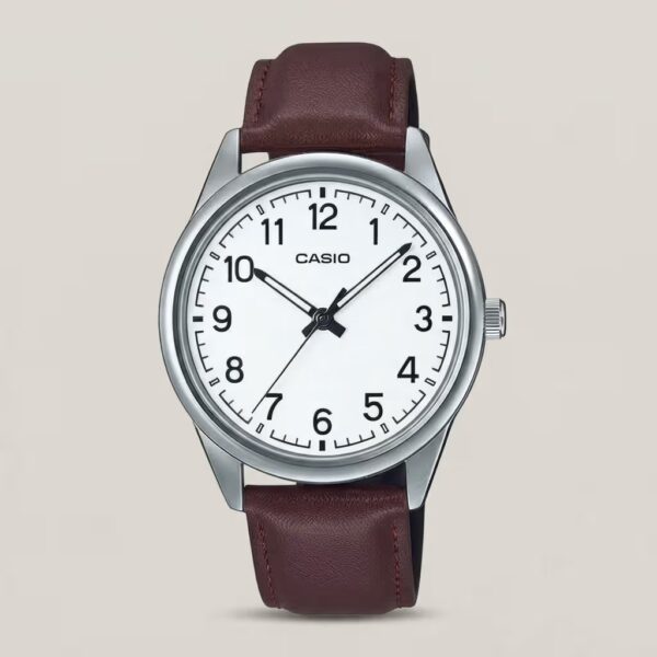 Casio men's white dial watch with silver-tone case, brown leather strap and bold Arabic numeral hour markers