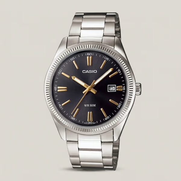 casio MTP-1302d-1a2vdf silver stainless steel strap black dial mens wrist watch