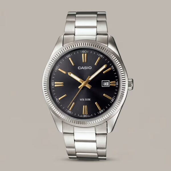 casio MTP-1302d-1a2vdf silver stainless steel strap black dial mens wrist watch