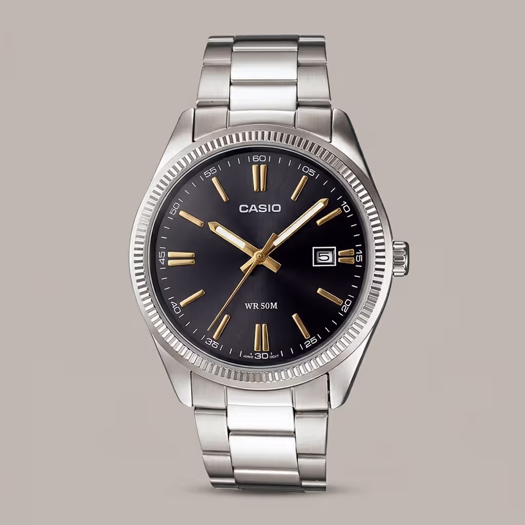 casio MTP-1302d-1a2vdf silver stainless steel strap black dial mens wrist watch