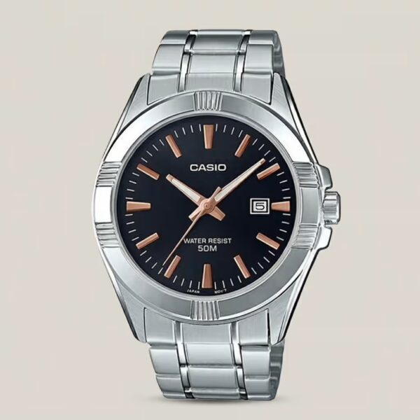 casio MTP-1308d-1a2vdf silver stainless steel strap black dial mens analog wrist watch