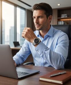 man wearing mtp-v005d-1b analog wrist watch in the office
