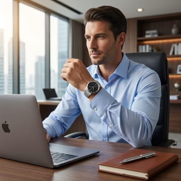 man wearing mtp-v005d-1b analog wrist watch in the office