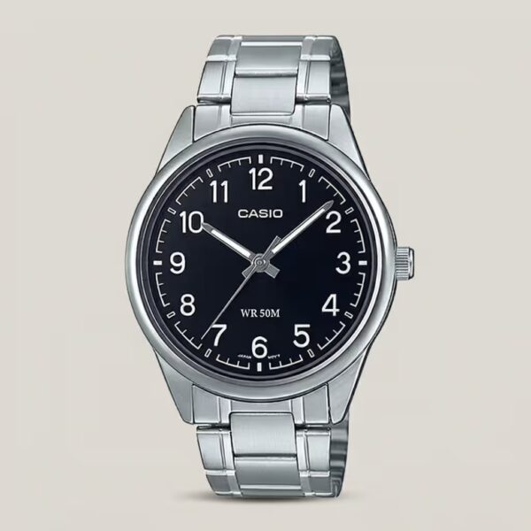Casio MTP-V005D-1B4 men's stainless steel watch with black dial, Arabic numeral hour markers and water-resistant design