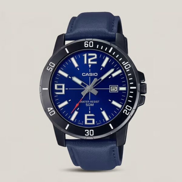 Casio men's blue dial watch with blue leather strap, black bezel and date display