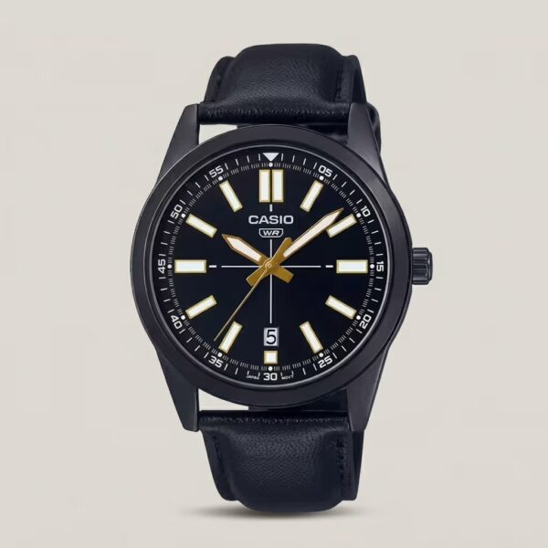 Casio men's black dial watch with black leather strap, black case, gold-tone hands and markers, and date display