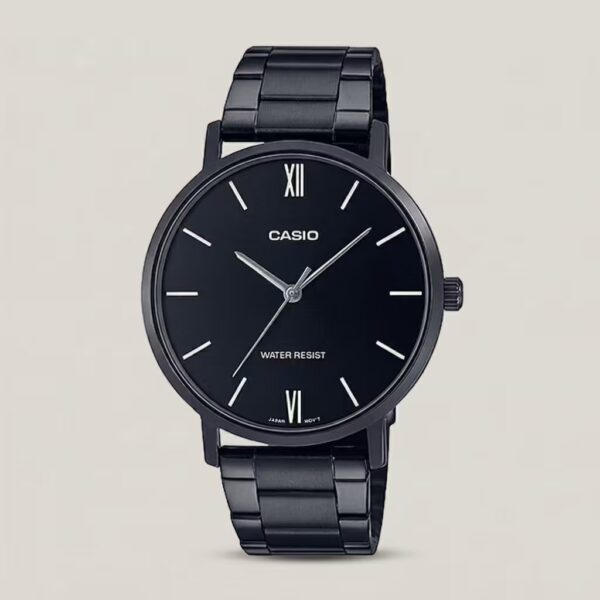 casio mtp-vt01b-1b black stainless steel strap & black dial mens analog wrist watch