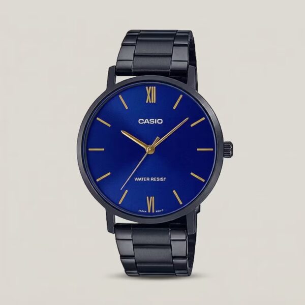 casio mtp-vt01b-2b black stainless steel strap blue dial mens hand watch