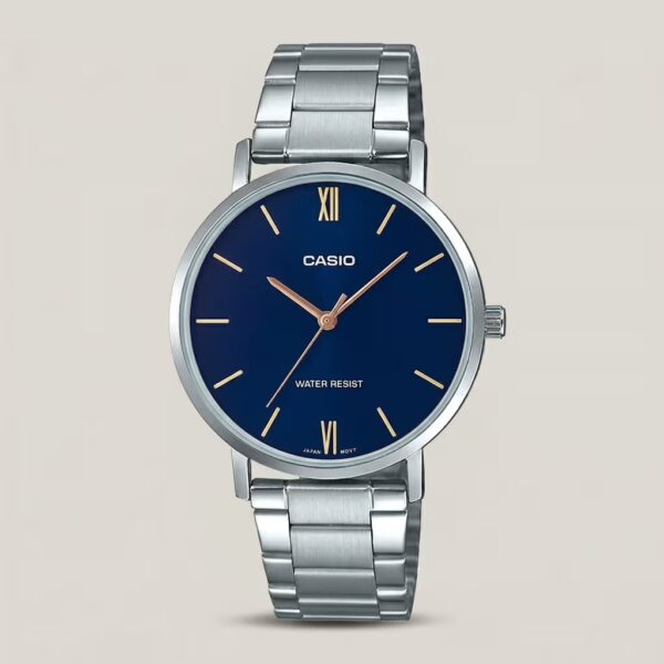 casio mtp-vt01d-2b silver stainless steel blue dial mens wrist watch