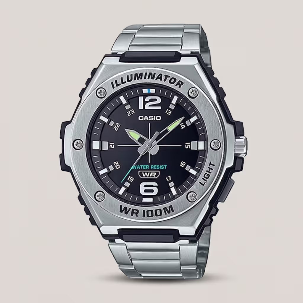 casio mwa-100hd-1av silver stainless steel black dial men's analog wrist watch