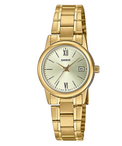 ltp-v002g-9b3-Golden stainless steel chain with golden dial Ladies analog Dress watch
