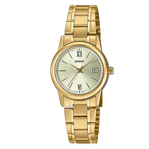 ltp-v002g-9b3-Golden stainless steel chain with golden dial Ladies analog Dress watch