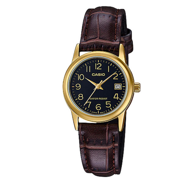 casio-Ltp-v002GL-1b black dial black leather band with gold ion plate ladies wrist watch
