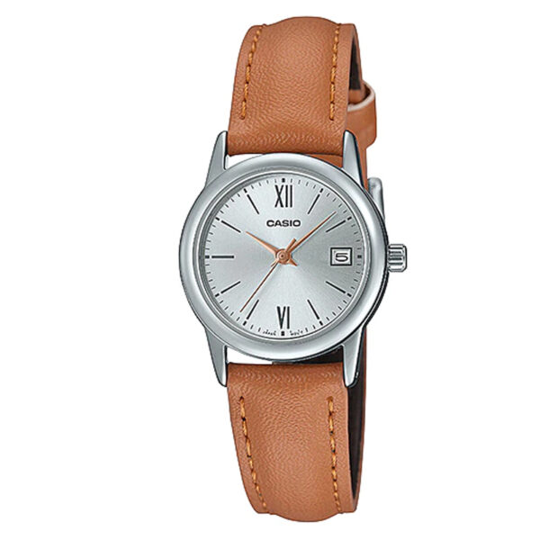 ltp-v002L-7b3 casio Silver dial with brown leather band ladies analog wrist watch