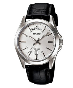 mtp-1370l-7av casio black leather silver dial mens analog wrist watch