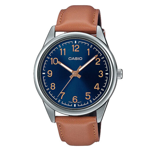 mtp-v005l-2b4 brown leather strap blue dial mens wrist watch