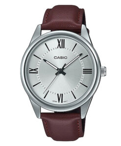 mtp-v005l-7b5 casio brown leather strap silver dial men's analog watch