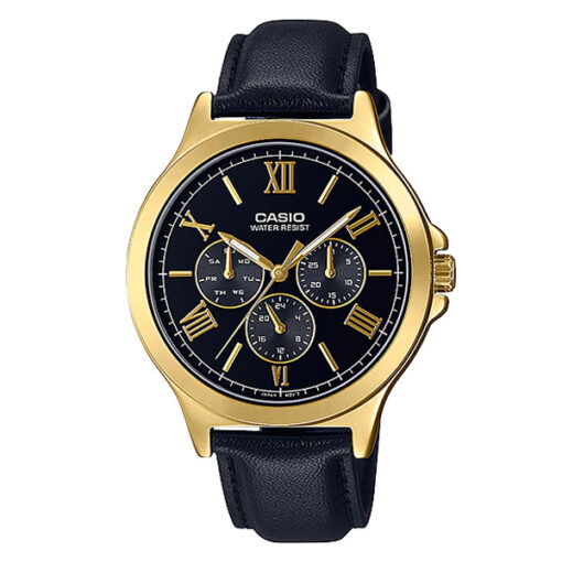 mtp-v300gl-1a casio black leather strap black multi hand dial mens wrist watch