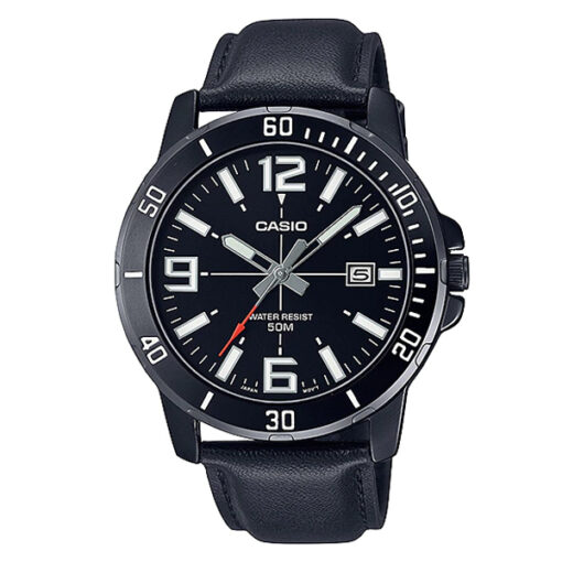 mtp-vd01bl-1bv black leather strap black dial men's analog wrist watch