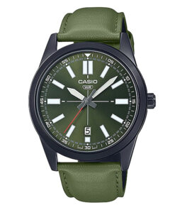 casio mtp-vd02bl-3e green leather strap green dial mens hand watch