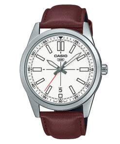 casio mtp-vd02l-7e brown leather band white dial mens wrist watch