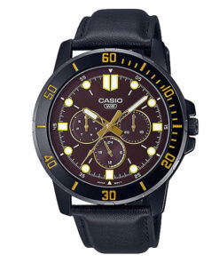 casio mtp-vd300bl-5e black leather band brown multi hand dial mens watch