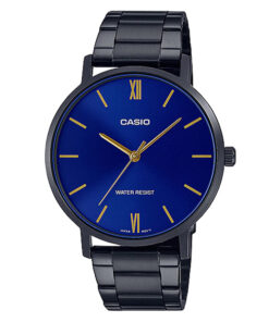 casio mtp-vt01b-2b black stainless steel strap blue dial mens hand watch