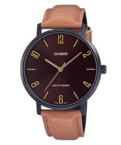 casio mtp-vt01bl-5b brown leather strap maroon dial mens wrist watch