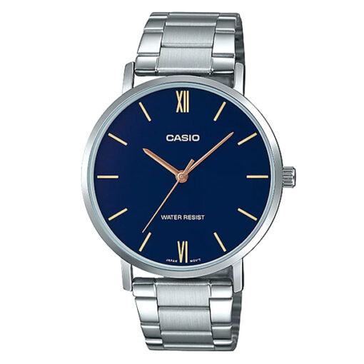 casio mtp-vt01d-2b silver stainless steel blue dial mens wrist watch