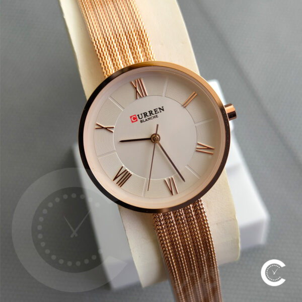 Curren 9020 ladies budget gift watch in rose gold mesh chain and white dial with rose gold roman hours mark beautiful watch for gift any occassion