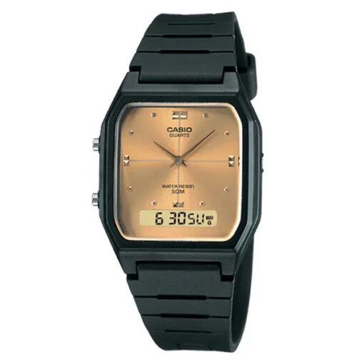 Casio-aw-48He-9av black resin band With golden Dial digital Analog Wrist Watch